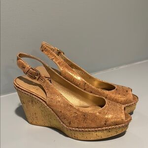 Stuart Weitzman Tan Wedge Sandals with Cork Sole